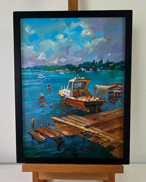 Original Oil Painting Summer Coastal Landscape Old wooden pier leading into the sea