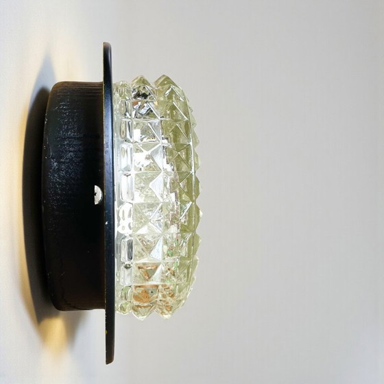 Image 1 of Portuguese round glass flush mount ceiling or wall lamp with black metal rim