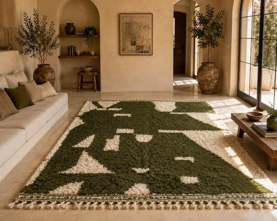 Alfombra tradicional de lana natural tejida a mano, verde y blanca, 2/3 m – Aime Té, Wool (photo 4 of 6)
