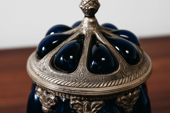 Image 1 of Grote blauwe serveerkan uit de Royal Sheffield Collection uit de jaren 1950, vintage pronkstuk.