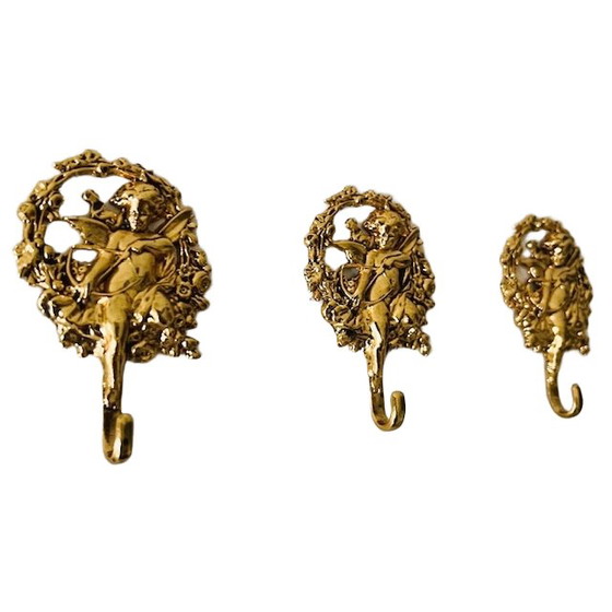 Image 1 of Vintage set of mid-century Italian hooks, baroque brass angel door hanger, 1960s