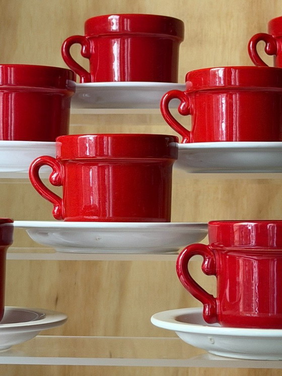 Vintage Huizen Holland Red Espresso Cups & Saucers Set | MCM Dutch Pottery MCM Kitchen Decor – Servies (photo 7 of 13)