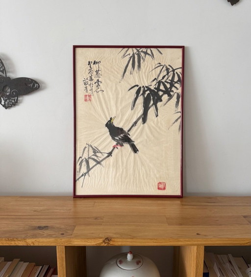 Chinese Ink Painting - Bamboo Bird - 47x64 cm – schilderijen tekeningen, Glass, Paper