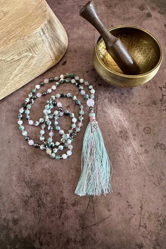Image 1 of Mala For Emotional Balance - Yoga Prayer Beads - Agate & Rose Quartz - 108 Bead Mala Necklace - Sari Silk Tasse