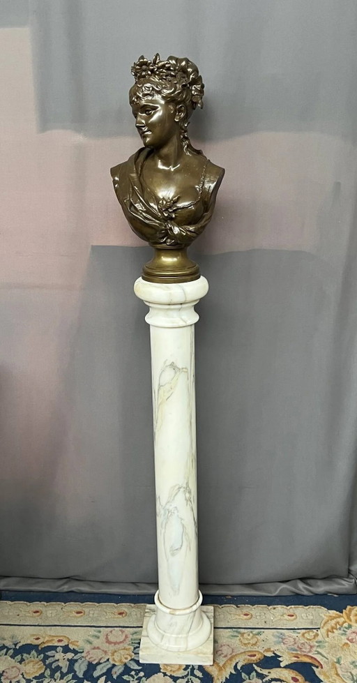 Léopold Harzé (1831–1893). Busto de bronce de una joven sobre una base de mármol. Bélgica. Fechado en 1878. (photo 2 of 9)