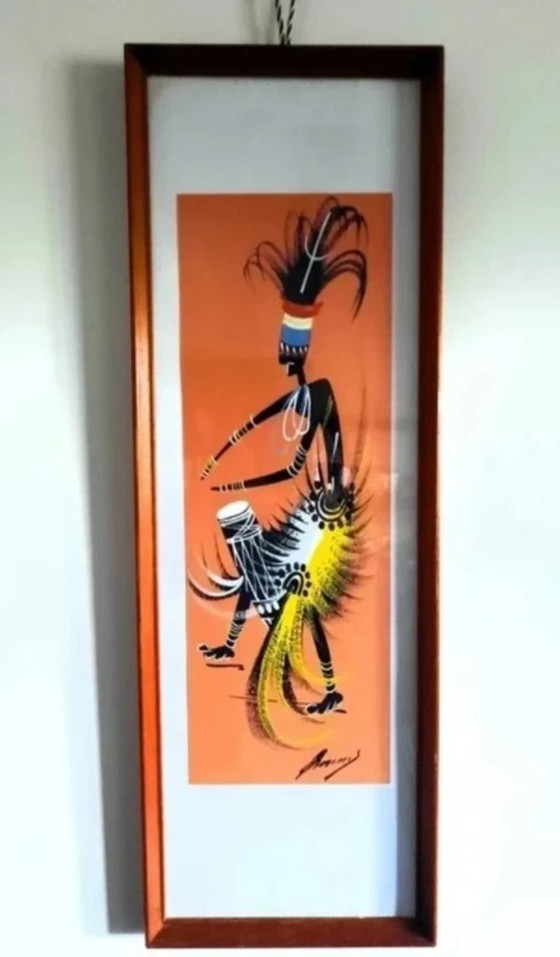 Image 1 of set of 2 gouache pieces Congo 1950 African art Hunting and Dance