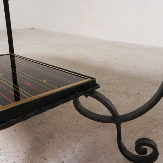 Image 1 of Table basse vintage avec 2 plateaux en verre avec impression des années 50