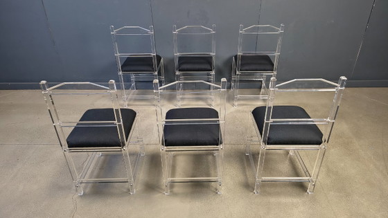 Lucite Or Plexi Dining Chairs, 1970s - Set Of 6 – Plexiglass, Textile (photo 4 of 12)