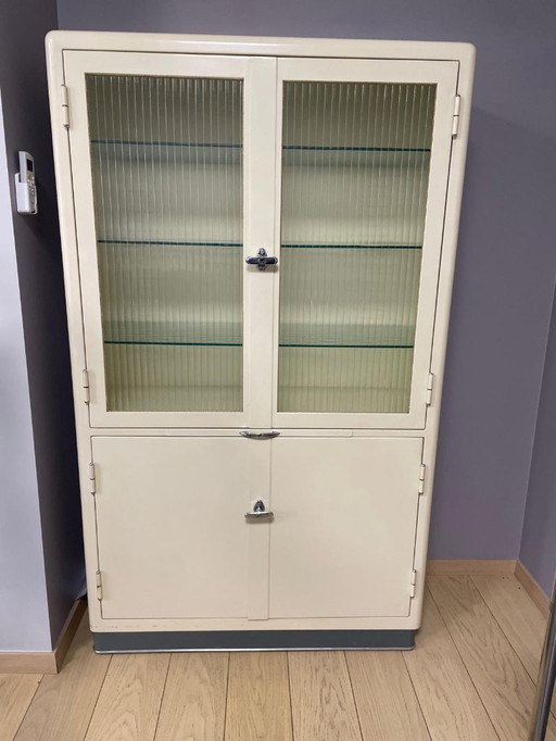 Vintage Industrial Medical Cabinet with Fluted Glass