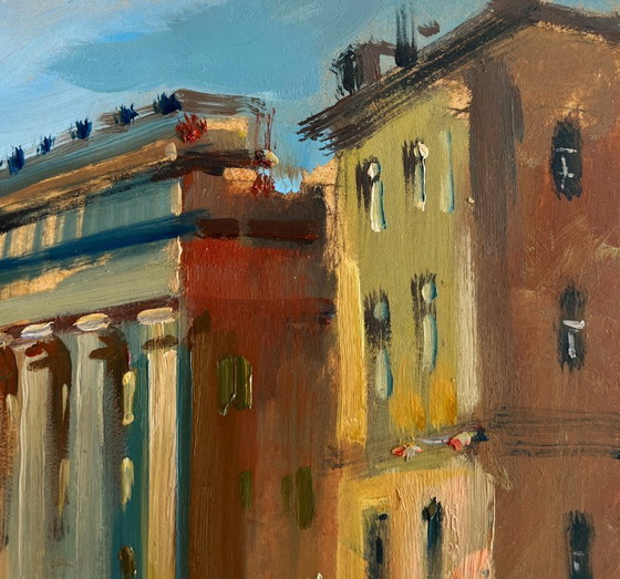Image 1 of Original Oil Painting Gloomy City Landscape The heart of the city above the river