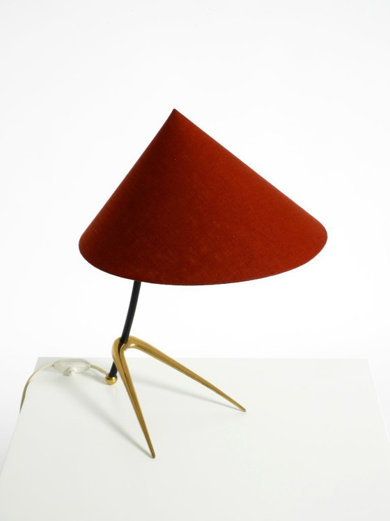 Image 1 of Beautiful, large, original Kalmar Mid-Century Modern tripod brass table lamp with a new fabric shade