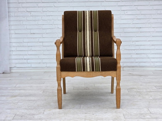 Image 1 of Sillón danés de los años 70, tapizado original de lana a rayas, madera de roble tallada.