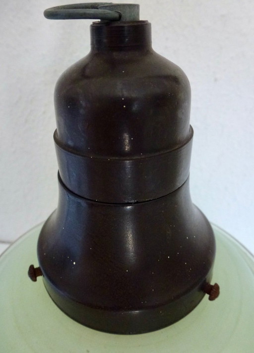Art Deco ceiling lamp, glass pendant lamp, 1930s, light green glass pendant lamp with gold stripe, pagoda shade.