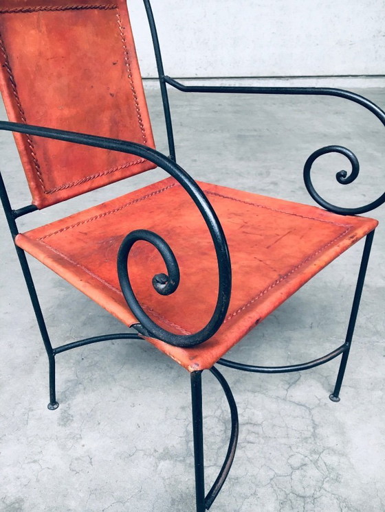 Image 1 of Eetkamerstoelset van smeedijzer en cognackleurig leer, Spanje, jaren 60