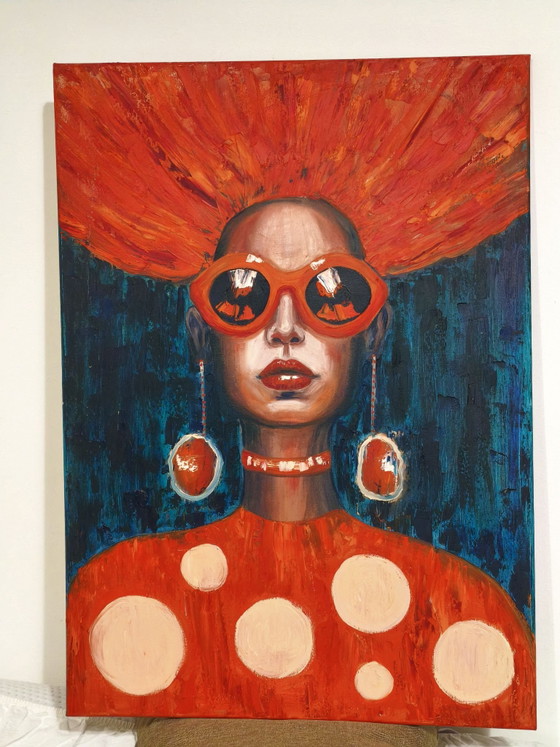 Pop Art Painting "Amanita Mushroom Girl" (50x70 cm), Canvas, Blue (photo 7 of 12)