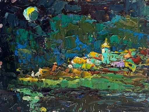 Originales Ölgemälde: Dorflandschaft bei Nacht. Die mondhelle Nacht erhellt