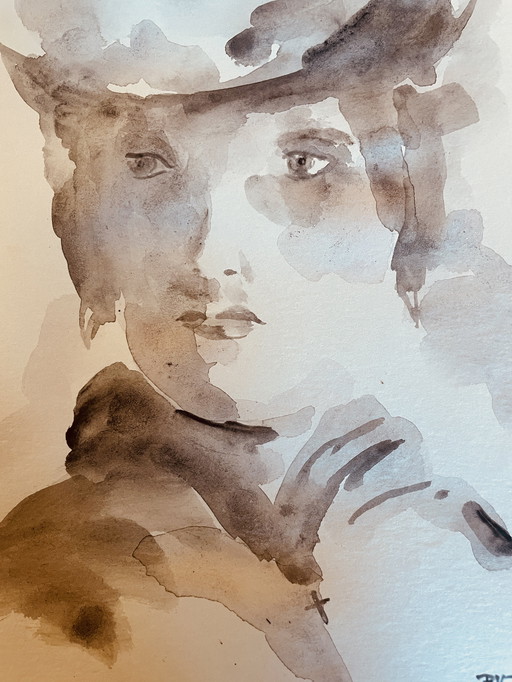 Signed Watercolor Monochrome Sepia Portrait of a Woman "Lumière" (Light)