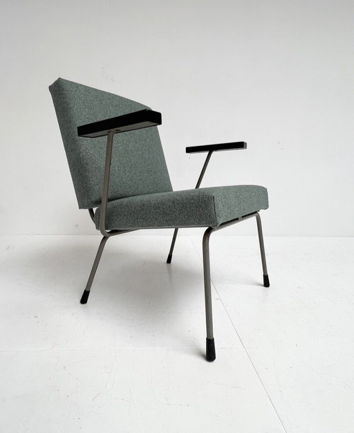 Re-upholstered blue Gispen 1401 armchair by Wim Rietveld, 1950's