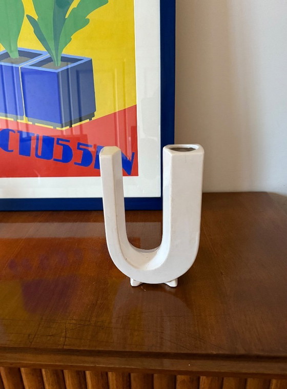 Image 1 of Space age white U letter shaped ceramic solifleur vase, Marcel Radureau ca. 1970