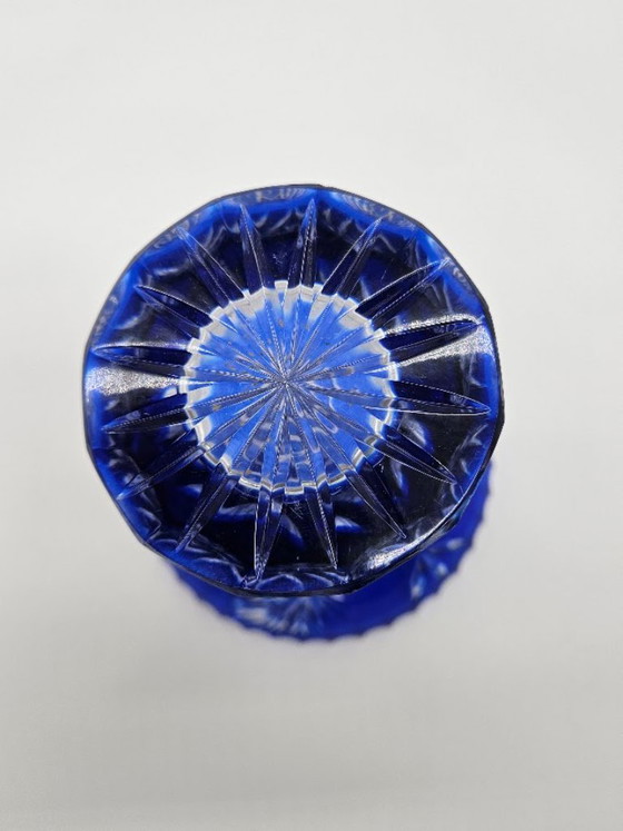 💎 Vase Calice en Cristal au Plomb Bohemia Vintage – Verre Superposé Bleu Cobalt (Taillé à la Main, CSR) (photo 7 of 8)