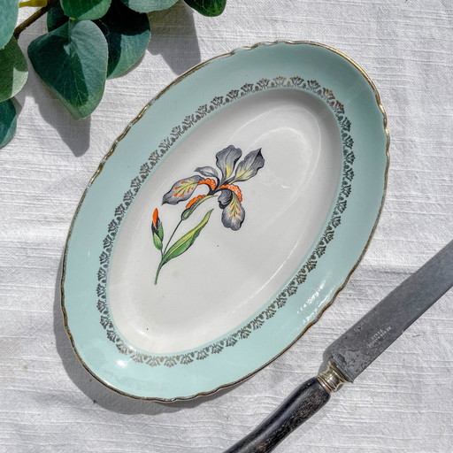 Plato de Porcelana Vintage Moulin des Loups "Sargosse" Blanco y Verde Iris de los años 50