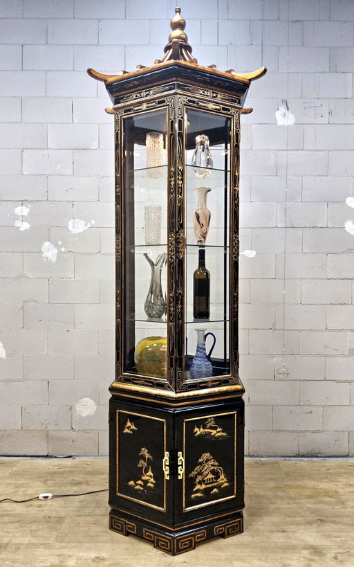 Vitrina china con techo de pagoda e iluminación (vitrina asiática, oriental, vitrina bohemia)