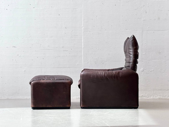 Image 1 of Maralunga Ledersessel mit Ottoman von Vico Magistretti für Cassina, Italien, 1970er Jahre
