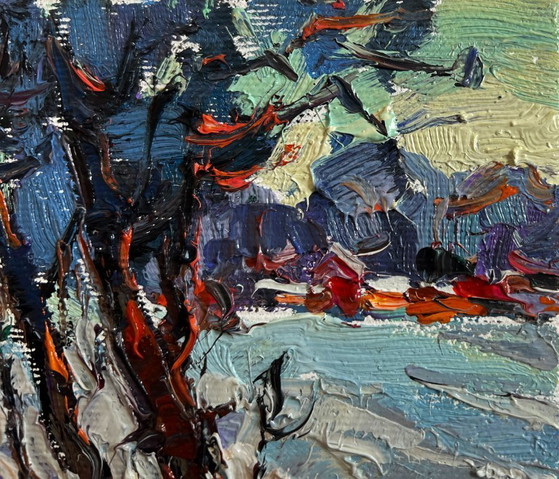 Image 1 of Original Oil Painting Winter Village Landscape First winter ice