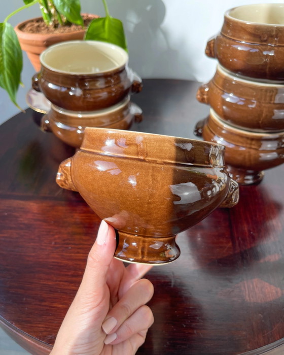 6 Vintage Ceramic Emile Henry Lion Head Onion Soup Bowls - Brown, Made in France (photo 5 of 10)