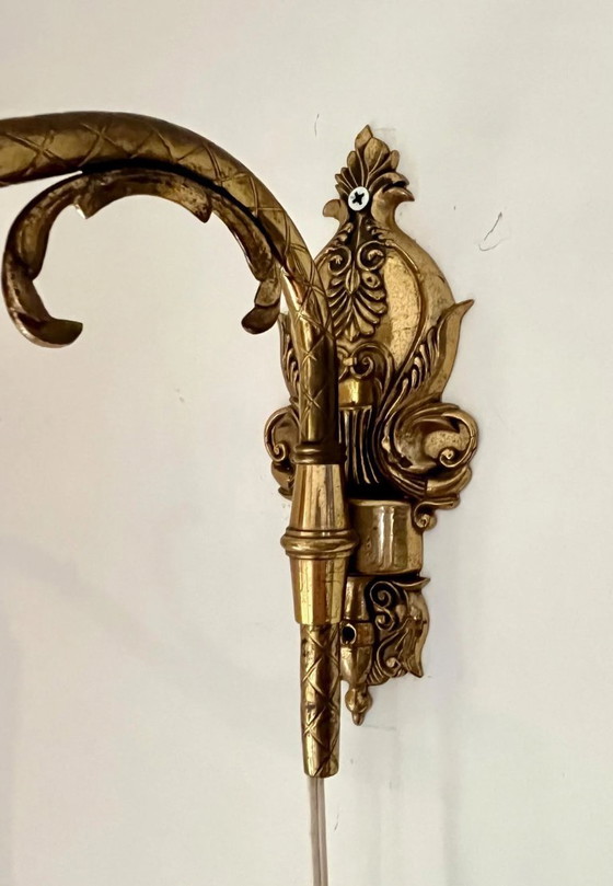 Image 1 of Vintage brass wall lamp with leather shade – adjustable arm (32–70 cm) – mid-century reading lamp