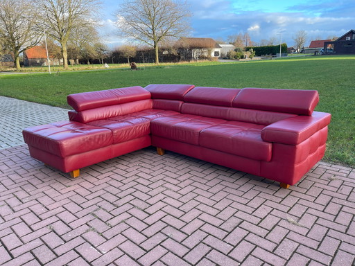 Red Real Leather Corner Sofa