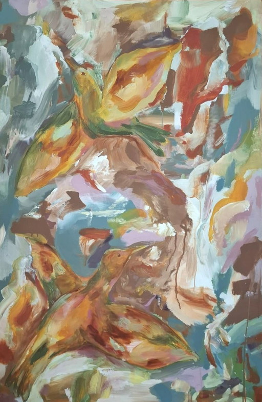 Gemälde auf Leinwand - ''Free Birds'' - bunt - Vögel - Natur - warm - abstrakt