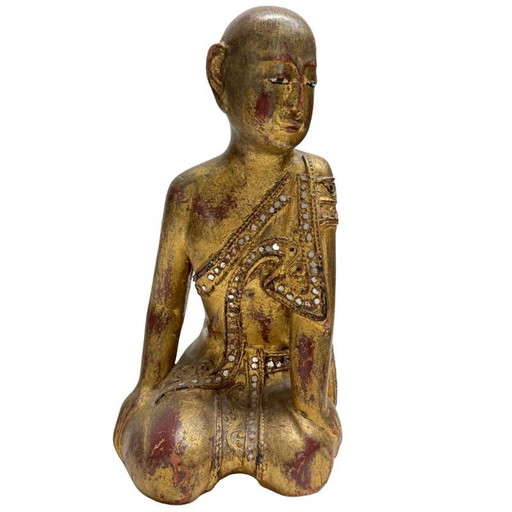 Antique Burmese Monk Statue – Hand-carved Teak Wood with Gold Leaf – 26 cm