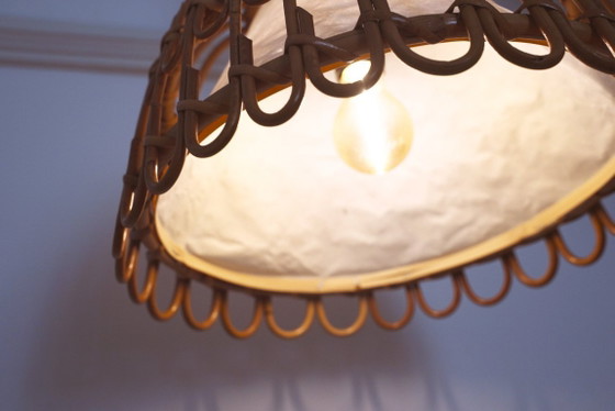 Image 1 of Vintage Rattan Bell Pendant Lamp, Louis Sognot Style Cane Ceiling Light, French Riviera Mediterranean Decor