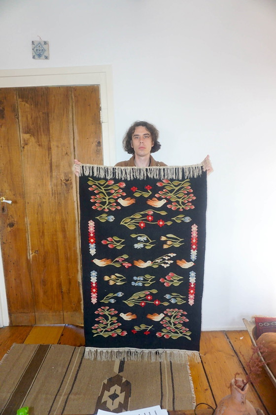 Image 1 of Vintage Oltenian Handwoven Bessarabian Kilim Rug with Birds, Tulips, and Flowers - Romanian Floral Woolen Wall Tapestry