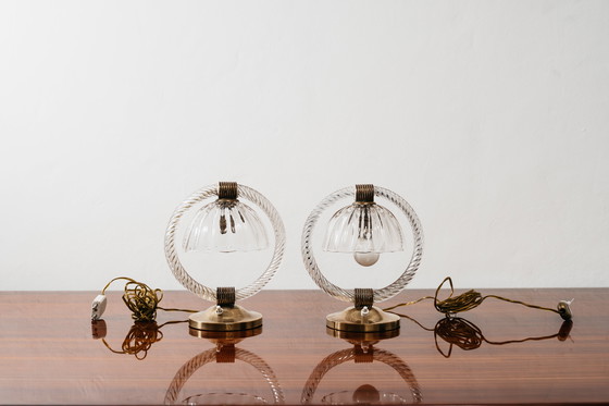 Image 1 of Barovier & Toso Pair of Murano Glass and Brass Lampshades, 1950s Vintage