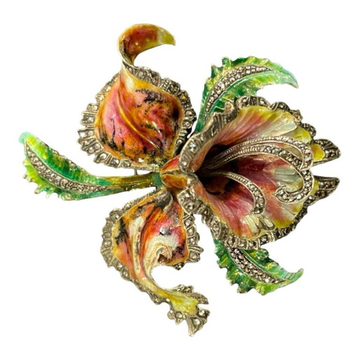 Spilla fiore di orchidea o iris smaltata in argento Mid-Century