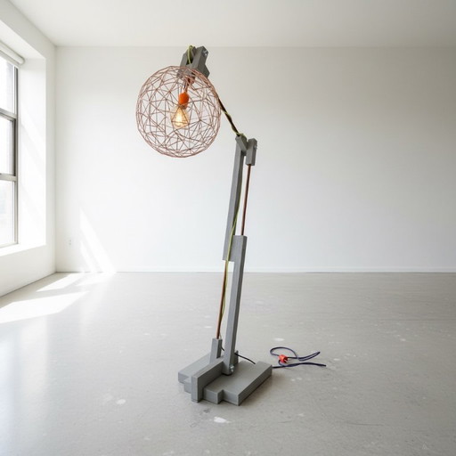Op maat gemaakte grijze houten vloerlamp met koperkleurige kop – vloerlampen, Metal, Rubber