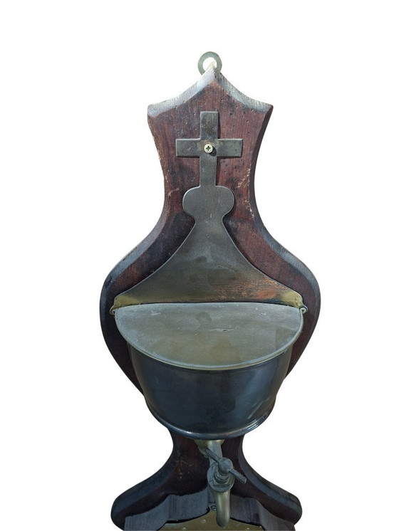 Image 1 of Antique Wall-Mounted Brass and Wood Washbasin with Cross, Early 1900s