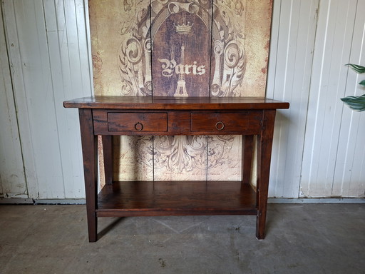 Koloniaal teakhouten sidetable, wandtafel console afm: 110x45cm en 80cm hoog.
