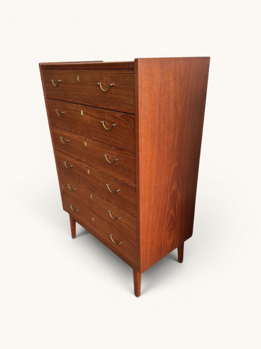Cómoda danesa antigua "Tallboy" de teca con tiradores de latón. – ladekasten, Wood, Brass (photo 2 of 11)