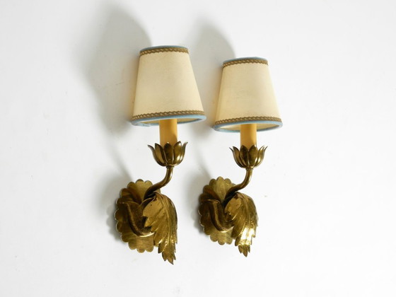 Image 1 of Two beautiful original Mid Century Modern floral wall lamps made of brass with high-quality lampshades