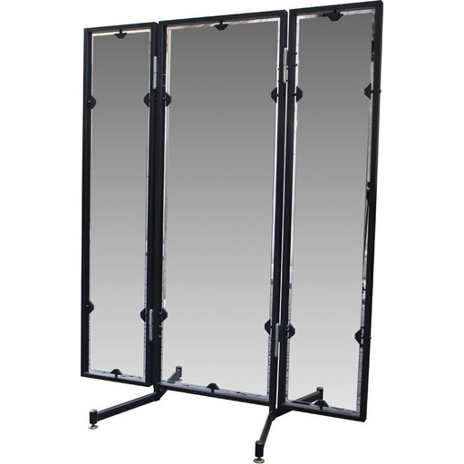 Vintage folding workshop mirror in black lacquered metal, Italy 1970