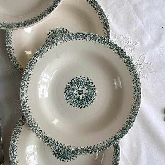 Image 1 of Set aus 6 antiken Creil- und Montereau-Suppentellern aus Steingut, englisches grünes Service