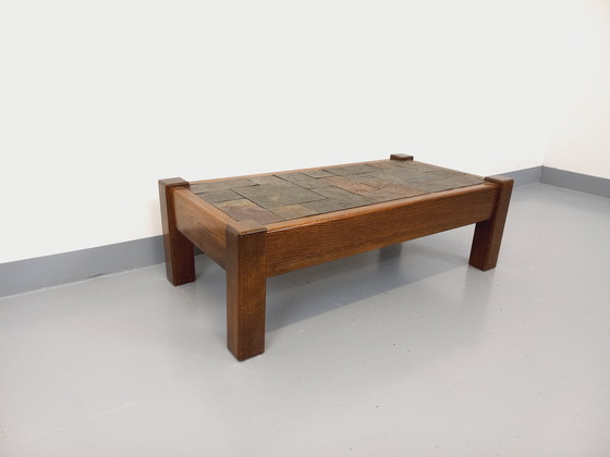 Image 1 of Table Basse Vintage Brutaliste en Chêne et Ardoise des Années 60-70