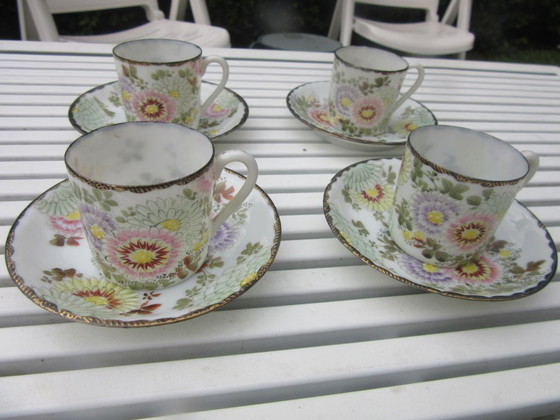 Image 1 of Vintage 4 Asian miniature cups and saucers with gold tone rims new condition
