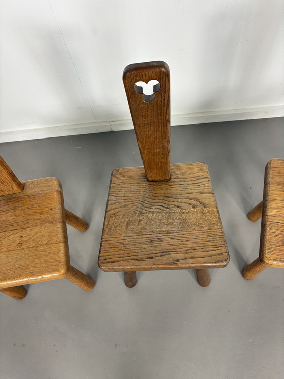 Image 1 of 3 x Mid-Century Mini Pierre Chapo Style Solid Oak Chairs1960s Modernist Brutalist 