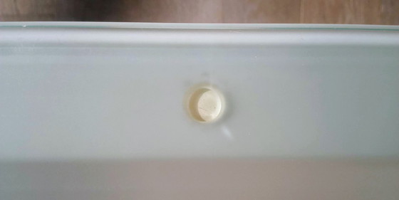 Image 1 of Designer table with white base, frosted glass tabletop; 180x99.50x74cm, detachable