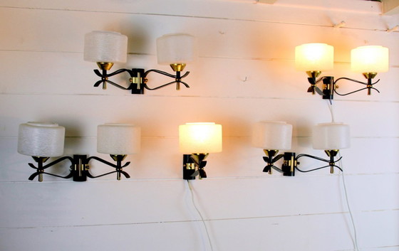 Image 1 of Pair of double wall sconces, Maison Arlus, Mid-Century, black brass opaline glass, France, 1950s