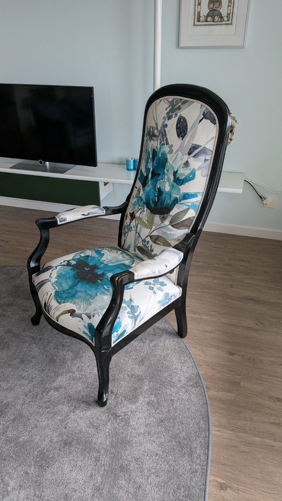 Armchair with floral print, Roche Bobois, Wood, Textile, Black, Vintage (photo 5 of 8)